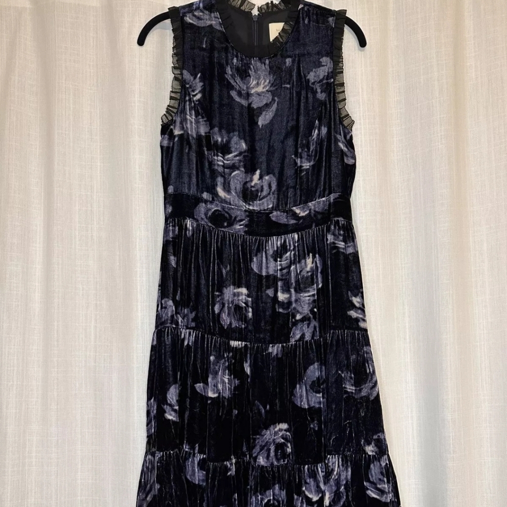 Kate Spade Velvet Dress Night Rose Navy Ruffle Trim Size 2 NWOT